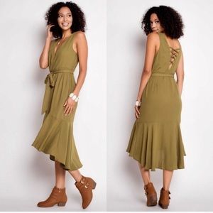 Ruffled hem hi low olive midi dress